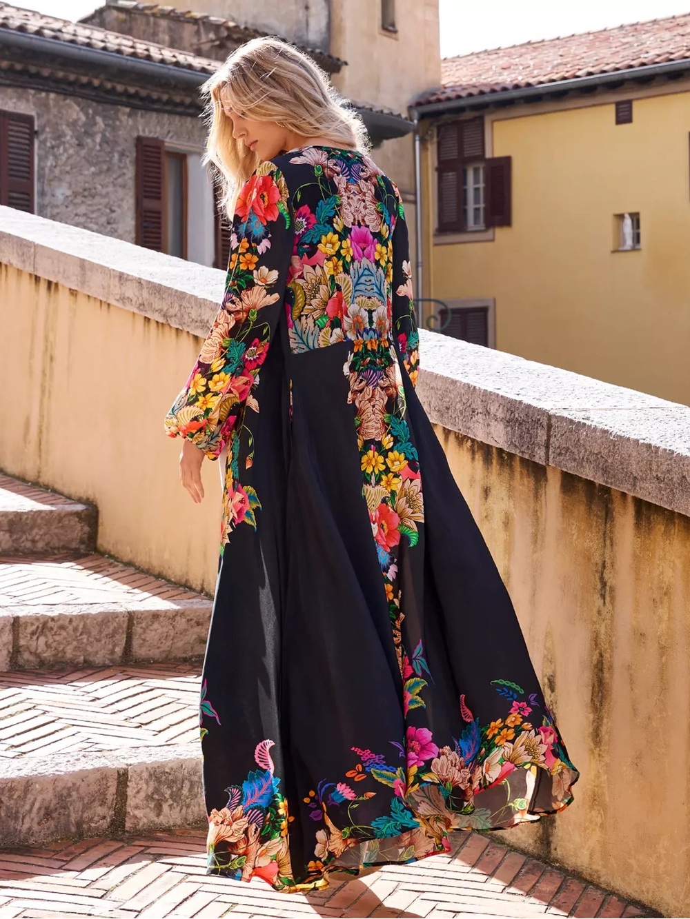 Boston Proper Black Floral Duster Puff Long Sleeve Maxi Kimono Cover Up - Picture 2 of 9
